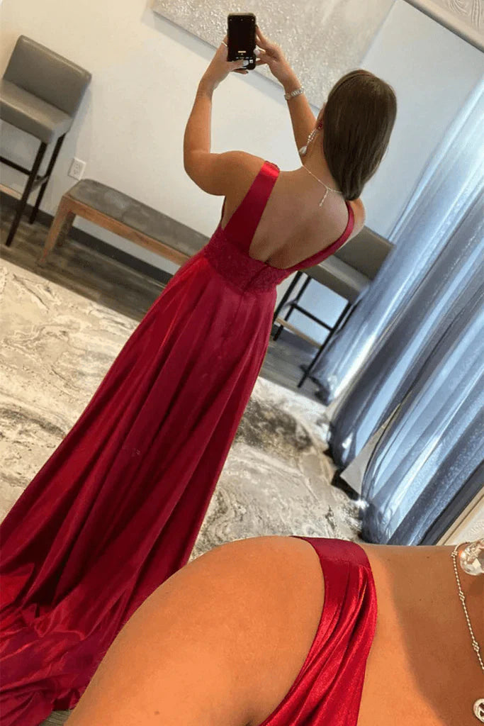 Vestido de noche largo de fiesta con escote en V, encaje burdeos y abertura alta